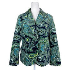 Vintage  00s Talbots Blue  Green Velvet Paisley Print Single Breasted Blazer