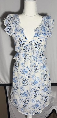Francesca s Women's Blue White Tie Ruffle Dress Fairy Floral Romantic Coastal S