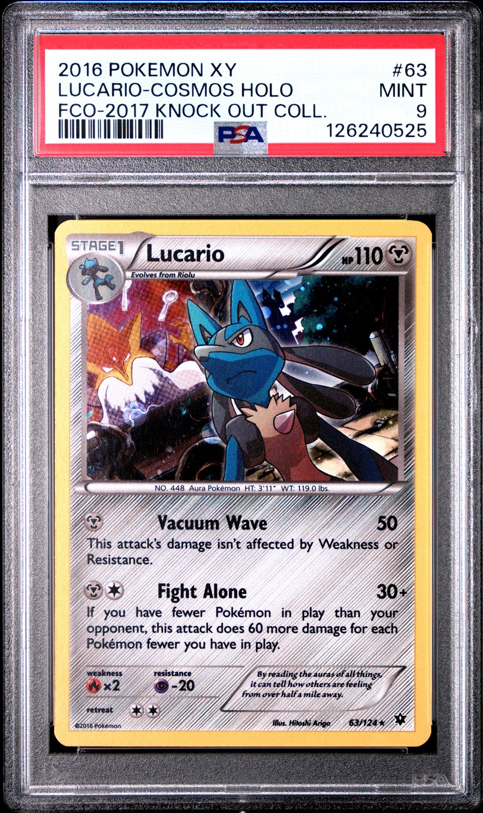 2016 POKEMON XY FATES COLLIDE COSMOS-2017 KNOCK OUT COLL #63 LUCARIO-HOLO PSA 9