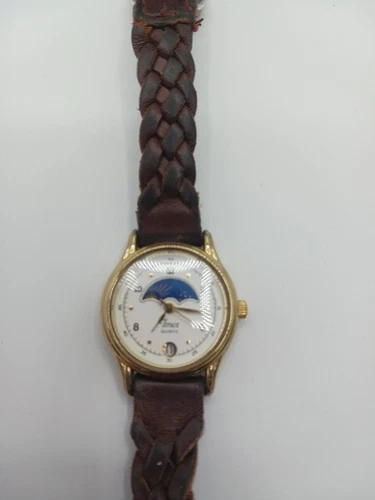 Vtg Timex Moon Phase Watch Women Gold Tone 25mm Leather Band, New Battery