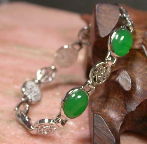 Genuine Green Jade Cabochon 18KGP Fortune Luck Blessing Link Bangle Bracelet - Picture 1 of 5
