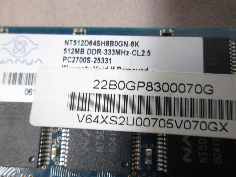 Nanya Laptop Memory SODIMM 512MB (1 x 512) NT512D64SH8B0GN-6K PC2700 - Image 2 of 2