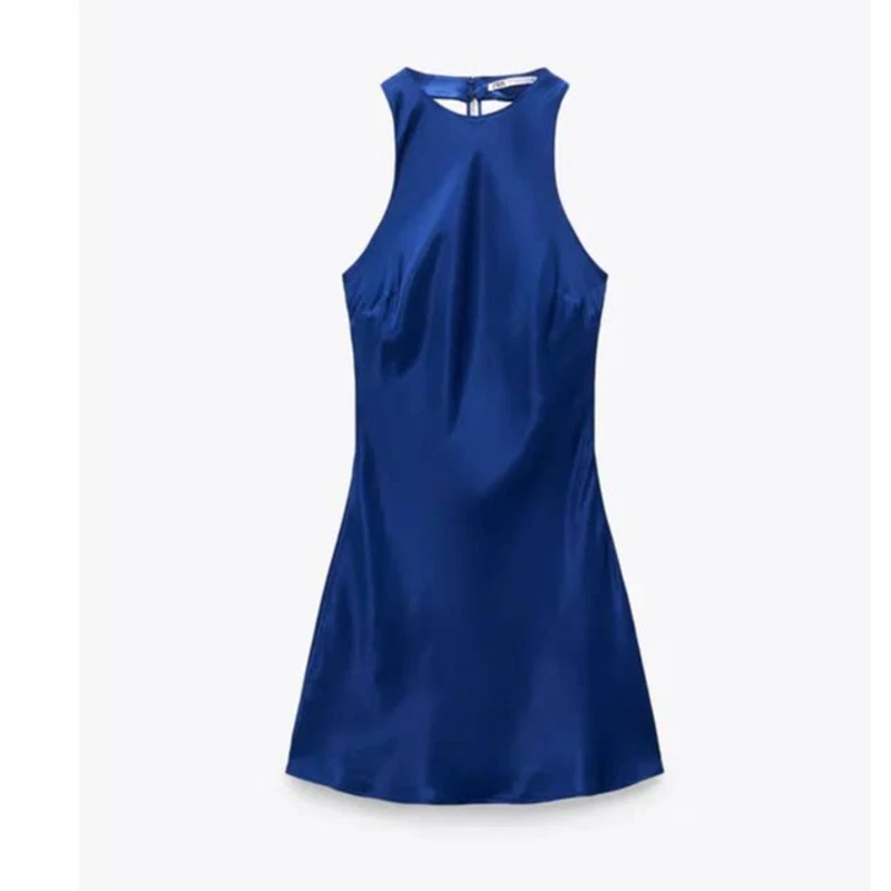 ZARA Blue Open Back Jewel Chain Satin Dress 3564 198 Medium
