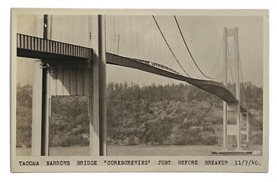 Vintage View of Tacoma WA Narrows Bridge Corkscrewing Before Collapse 1940 RPPC 