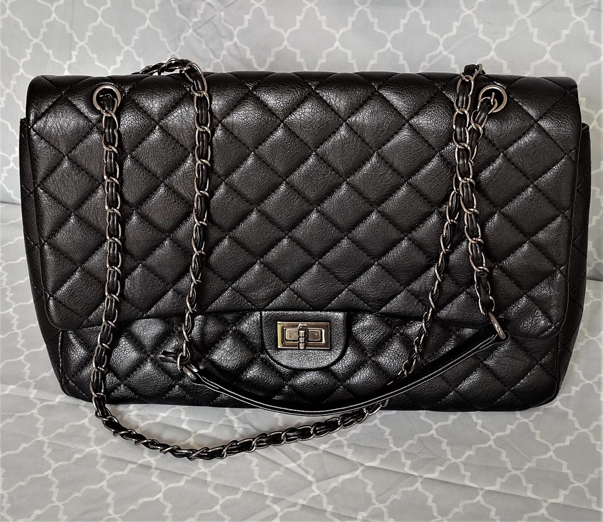 Large Quilted Shoulder Bag, Big Clutch Handbag, Luxury, Womens, Black