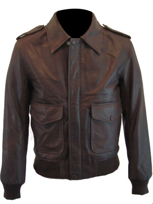 Mens Vintage Casual Classic Bomber Brown Genuine Leather Jacket