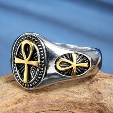 Men Women Stainless Steel Ankh Cross Ring Ancient Egyptian Coptic Amulet Gift