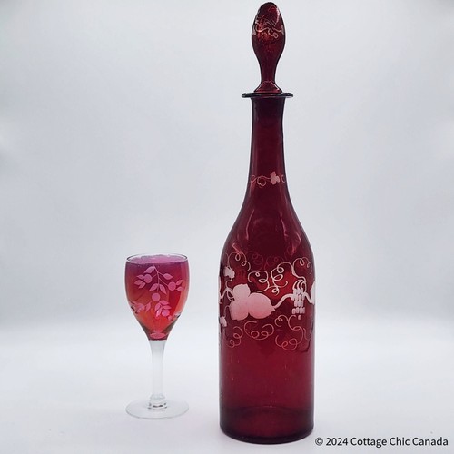 Antique 19th C Bohemian Ruby Flashed Glass Decanter - Wheel Etched Glass - Picture 4 of 10