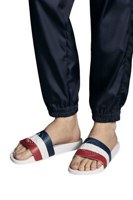 Authentic Men's Moncler White Rubber Basile Logo Slides Sandals