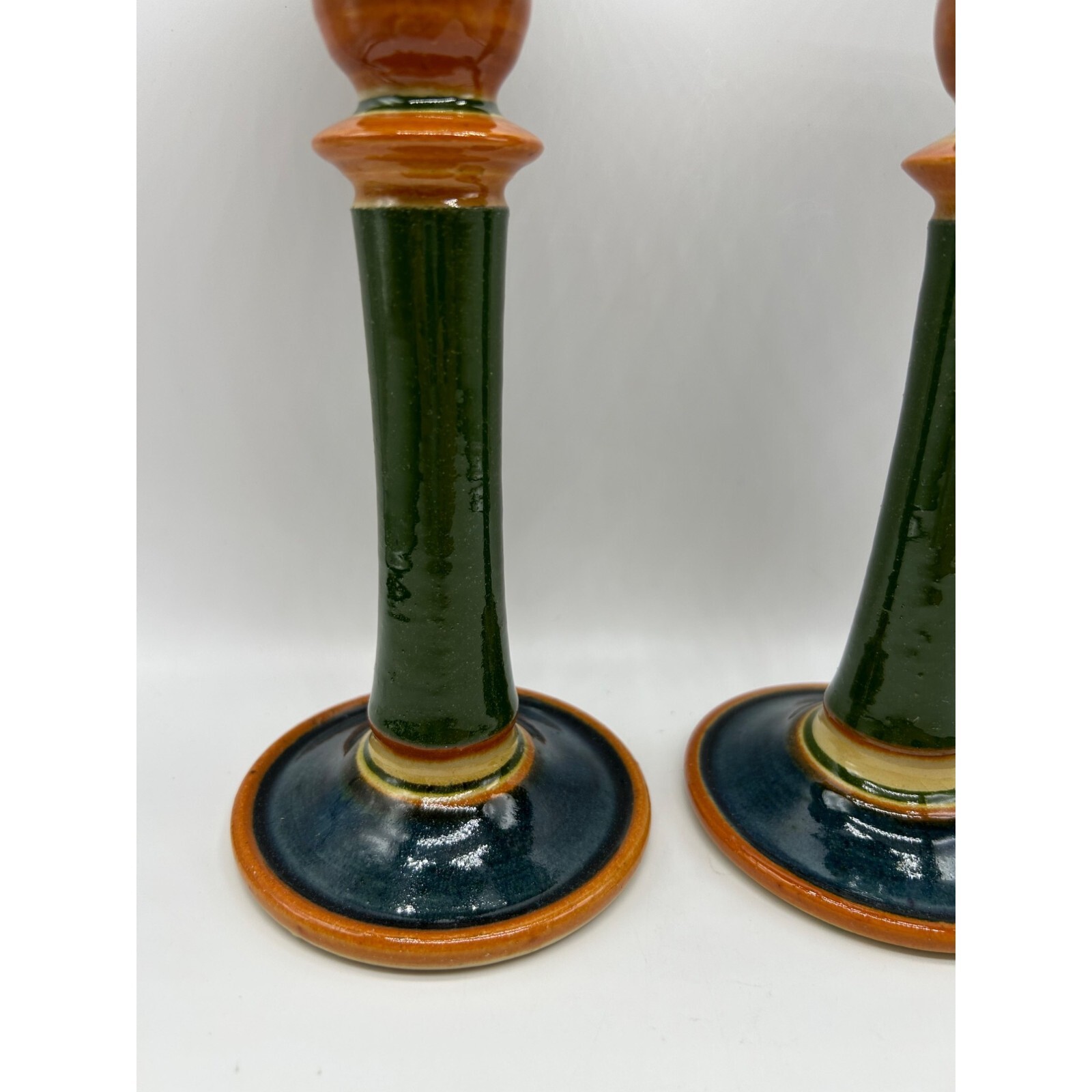Two Signed Pottery Candlesticks Candle Holders Green, Burnt Orange and