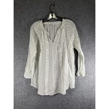 Counterparts Blouse Women Large V Neck Long Sleeve Balloon Green Geoprint Light