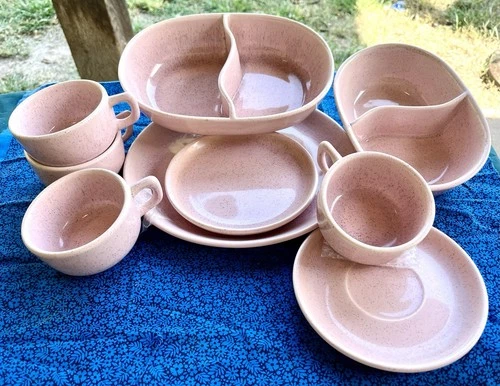 Rare Vintage Bauer Pottery Speckled Pink 9 Piece Mixed Set MCM LA, California