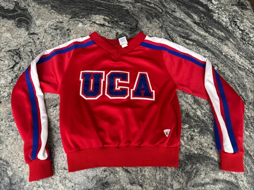Vtg UCA Varsity Spirit Fashions Cheer Sweater Made in USA Logo Embroidery RED