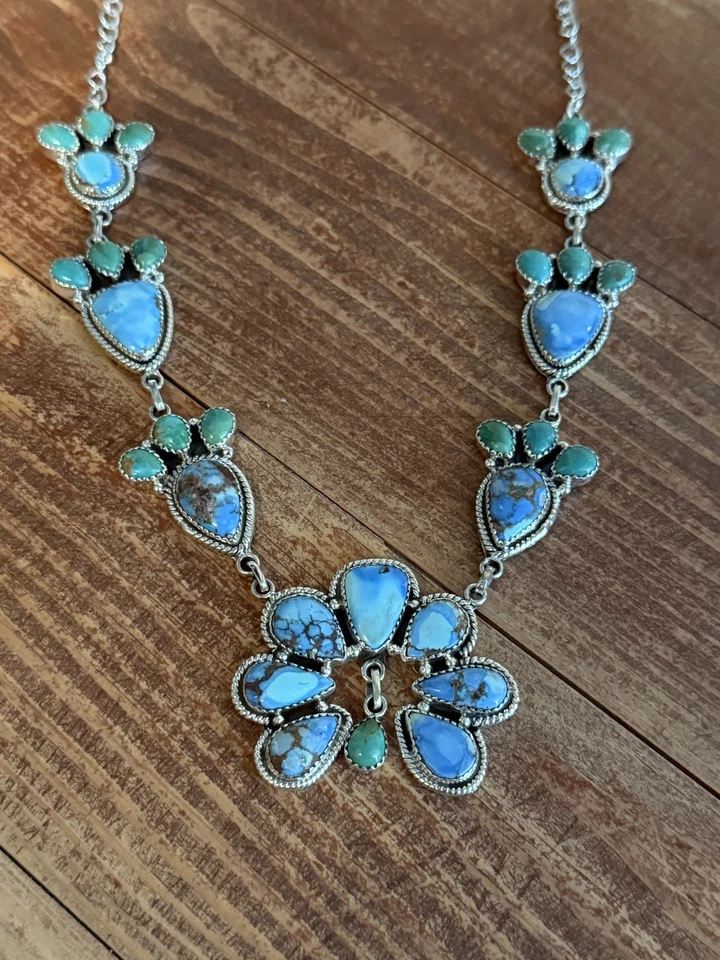 Gorgeous Natural Golden Hills & Kingman Turquoise Sterling Naja Cluster Necklace - Image 2 of 4