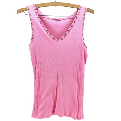 Y2K Pink Ribbed Tank Top Beaded McBling Coquette Fitted Baby Tee L Paris Hilton