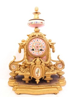 ANTIQUE JAPY FRENCH GILT MANTEL CLOCK & STAND PINK PORCELAIN PAINTED 117" H