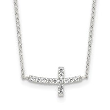 Sterling Silver Cubic Zirconia Sideways Cross Necklace 16" w/2in ext. 1.46gm