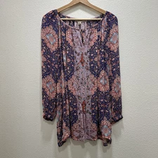Lucky Brand Womens Floral Peasant Popover Blouse Top 1X Boho Lightweight Flowy