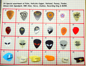 24 Pick assortment, Hotlicks COPPER, Fender, Gibson, National, Alien, Zookies