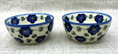 Two Unikat ANDY Boleslawiec Polish Pottery Blue Pansy Floral Cereal Soup Bowls