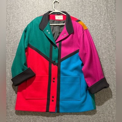 Vtg 80s International Scene Wool Coat Women s 15/16 colorful bright colorblock