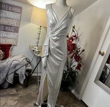 Eliza J Silver Metallic Shimmer Ruched Slit Gown | Maxi Dress Size 4