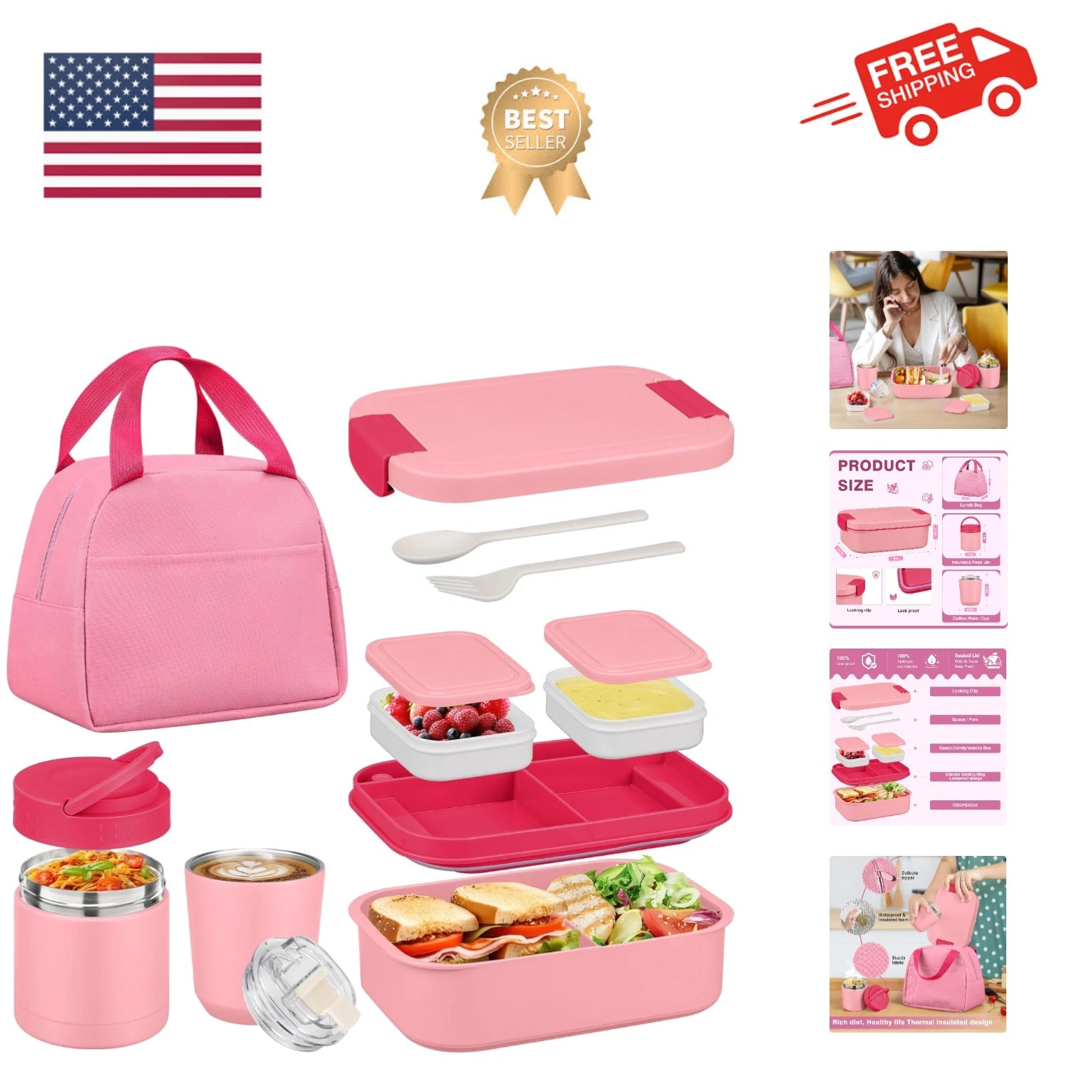 Bento Lunch Box Set with 10.5oz Soup Thermo Food Jar for Adults Kids, Stainle...