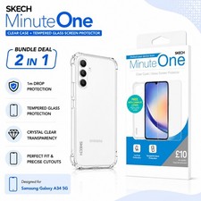 For (Samsung Galaxy A34) SKECH Clear Case Tempered Glass Screen Protector Cover
