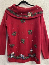 Vtg Victoria Jones Womens Red Beaded Embroidered Christmas Cowl Neck Sweater M
