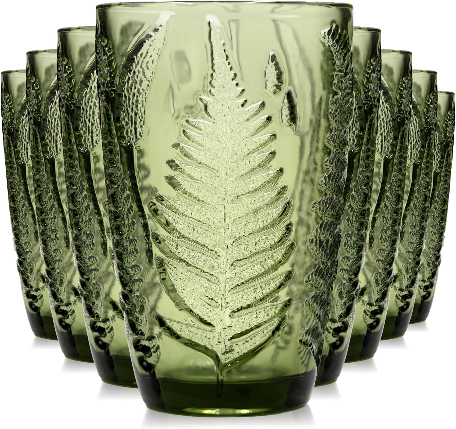 Green Vintage Glasses Set of 8 – 12oz Textured Highball Boho Retro Drinkware