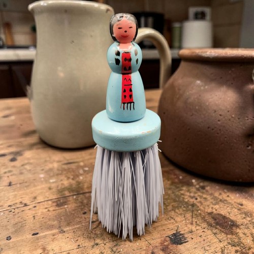 Hand-Painted Wooden Lady Crumb Brush Stiff Bristles 7" Long Vintage