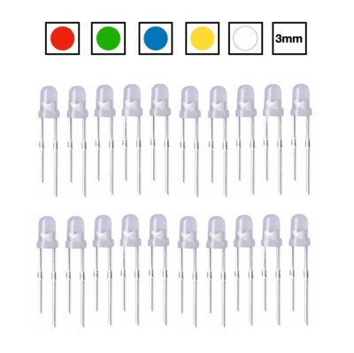 3 mm diffuse LEDs rot, grün, blau, gelb, weiß 2-3,2 V Volt (20 Stück)