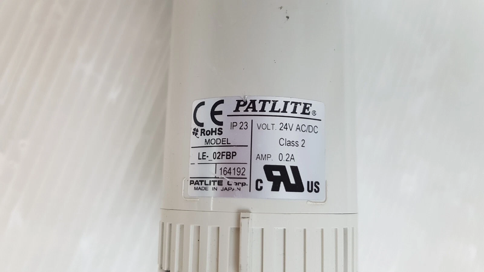 Patlite label: model LE-_02FBP, 24V AC/DC, 0.2A, IP23, CE, cULus, made in Japan
