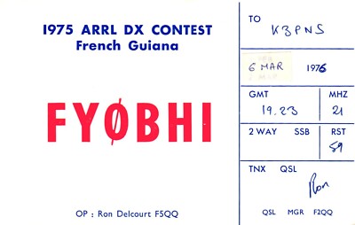 1975 ARRL DX Contest French Guiana France FY0BHI QSL Card Postcard