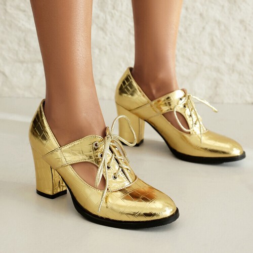 Full US Size Court Pumps Womens Block Heels Lace Up Shoes Office Lady