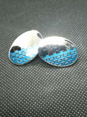 Vintage Studio Modernist Roccoco Blue Silver Tone Oval Earrings