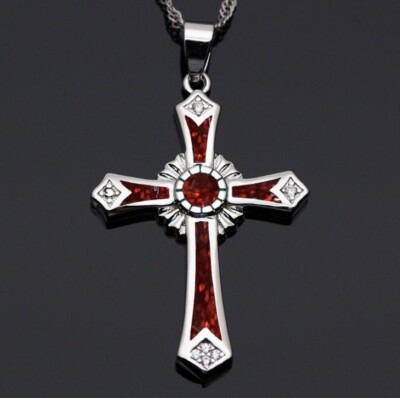 Opal Cross Pendant Necklace Christian Jewelry for Men Women with Chain Gift