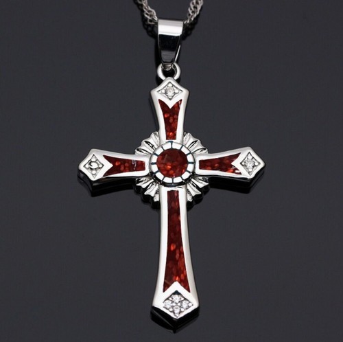Opal Cross Pendant Necklace Christian Jewelry for Men Women with Chain Gift