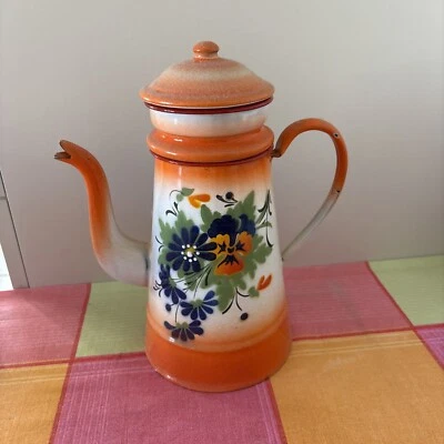 ancienne cafetière émaillée 29 Cm Orange - Photo 1/4