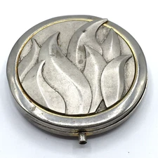 Vintage Silver Tone Round Leaf Grass Fire Design Double Mirror Compact