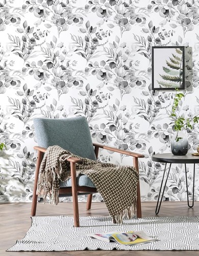 Floral Peel and Stick Wallpaper - Black/Grey/White Eucalyptus 17.7in x 9.8ft - Picture 4 of 11