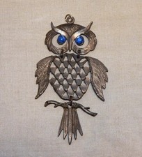 Large Metal Owl Pendant with Blue Eyes