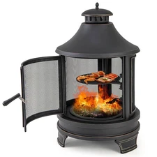 30 Inch Outdoor Fire Pit Chiminea w/ Grill Chimney Spark Screen Door Fire Poker