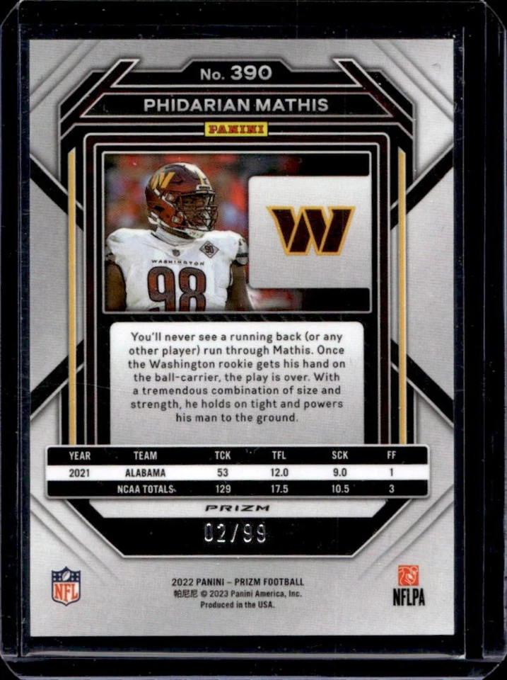 2022 Prizm Phidarian Mathis RC Blue Ice Rookie #2/99 Commanders - Image 2 of 2