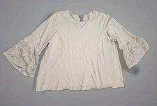 Catherines White Criss Cross V Neck Top Size 3X Lace Trim Bell Sleeves Stretch 