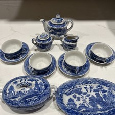 Antique Child Doll Tea Set Blue Willow Complete Set For 4- 13 Pieces with Lids