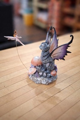 Winged Cat Fairy Figurine with Floating Sprite and Mushroom Base