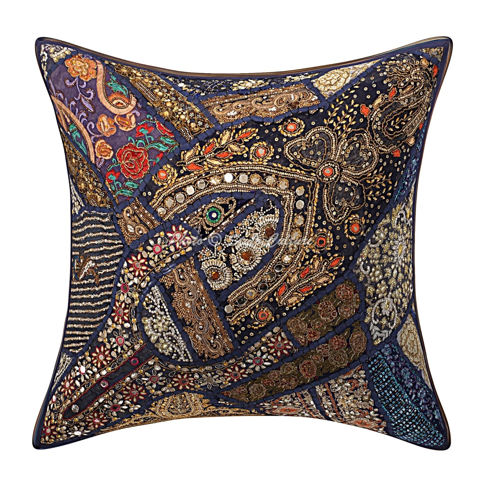 Decorative Cotton Throw Pillow Cover Beaded Patchwork Blue Floral Home Decor