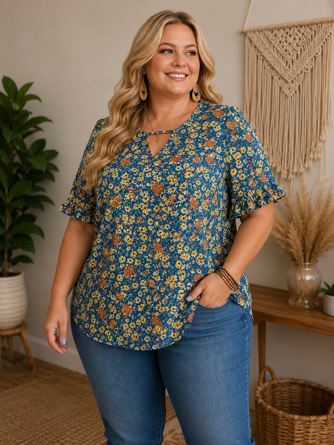 Molly & Isadora 5X Blue Floral Boho Split Neck Blouse Flutter Sleeve Plus Size