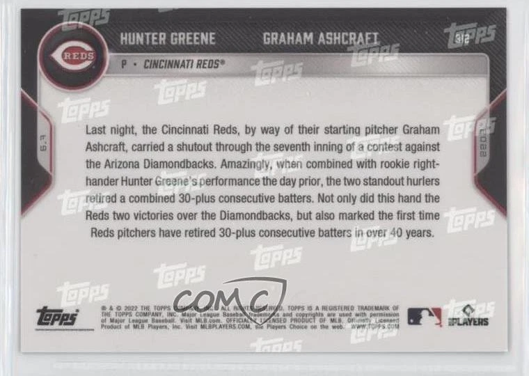 2022 Topps Now /508 Graham Ashcraft Hunter Greene #312 - Image 2 of 2